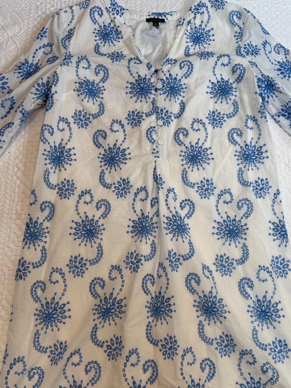 Talbots 3/4 Sleeve Dress Blue White Embroidered Lined Size 4P Petite